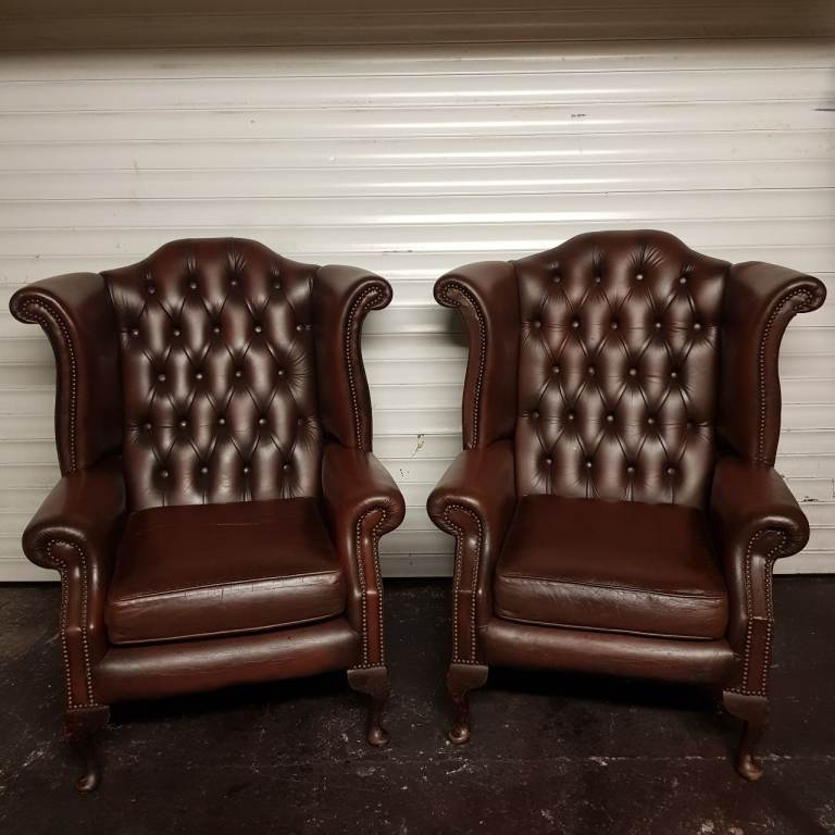 MATCHING PAIR Brown Leather Chesterfield QUEEN ANNE Winged Back Chairs