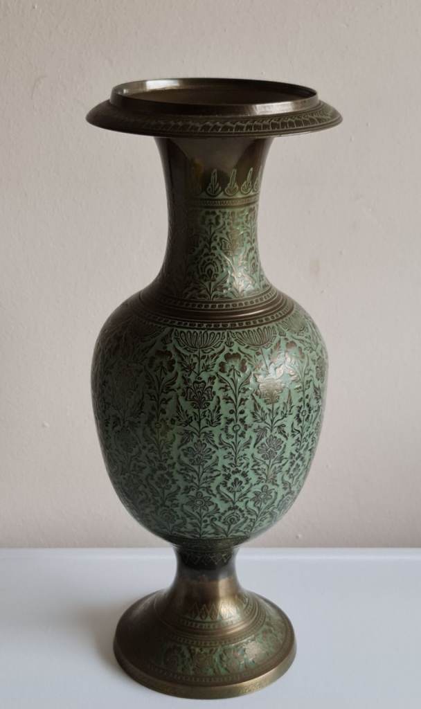 Vintage Niello Green Enamel & Brass Pot Vase