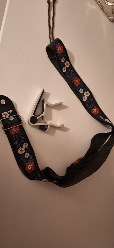 Star Fire 12 string acoustic guitar with case, capo, stand, strap and book.