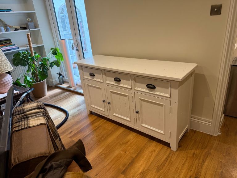 White Wood Sideboard / Cabinet - Three Drawers & Wine Rack