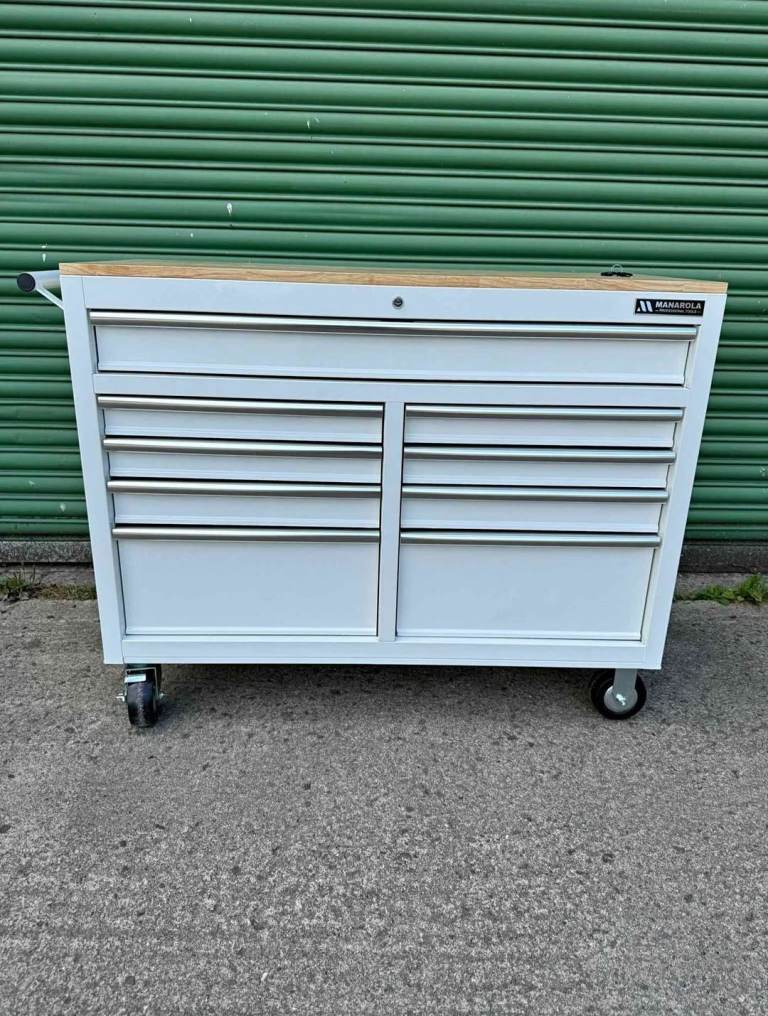 46" wide 9 drawer empty tool cabinet on wheels and a wooden top