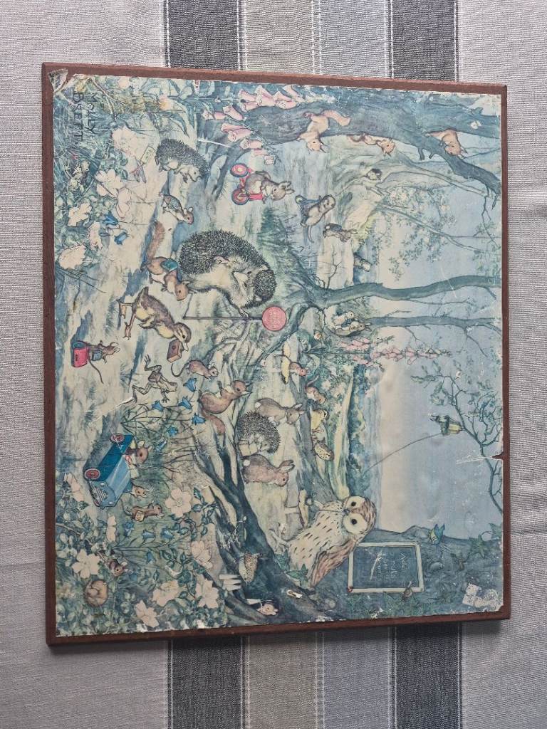 Vintage 1980s Molly Brett print on wooden board- named Going to school
