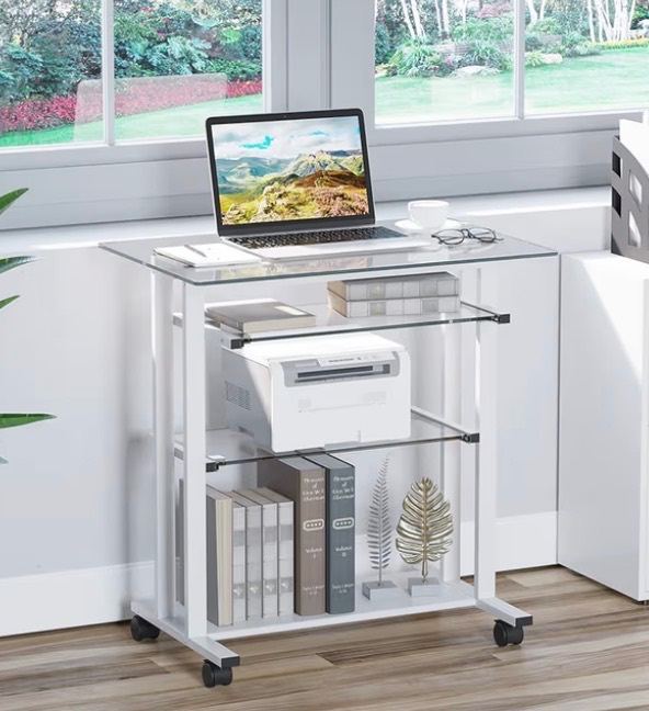 Compact Glass Computer Desk with Keyboard Tray and Wheels, 