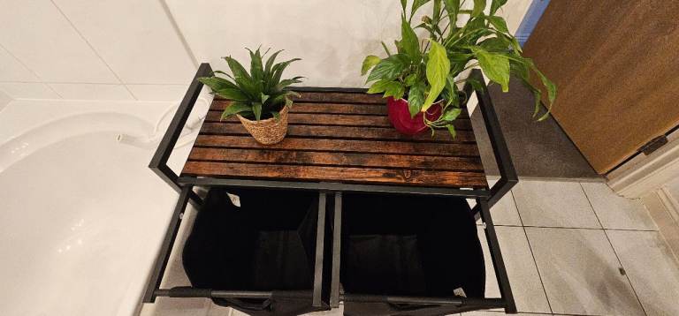 Black Metal & Wood Laundry Sorter / Double Hamper - Good Condition