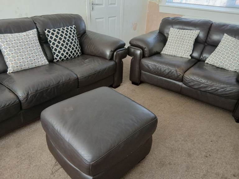 Brown Leather Sofa Set with Footstool – Good Condition