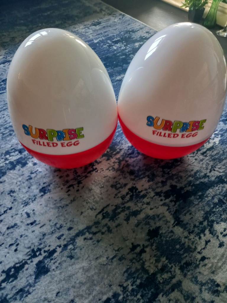Pair of Large Multicoloured Plastic Surprise Eggs – Good Condition