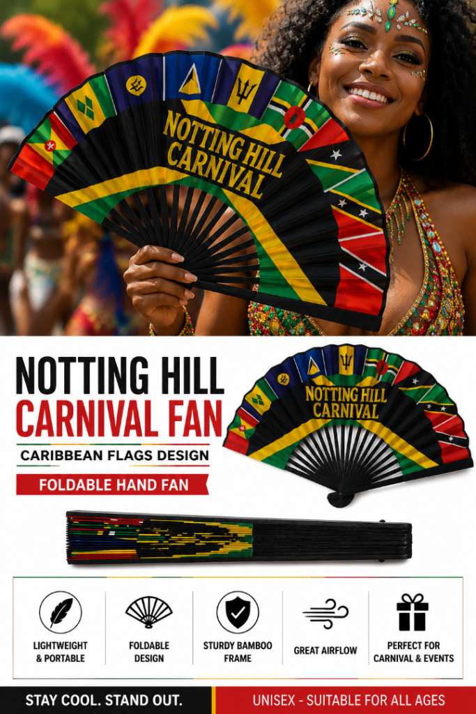 Notting Hill Carnival Hand Fan | Caribbean Flags | Bamboo Folding Festival Fan | WHOLESALE