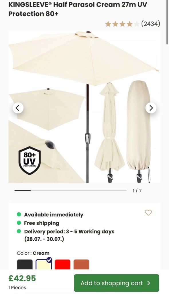 KINGSLEEVE® 2.7m Half Parasol / Balcony Sun Shade – Cream (UV 80+)