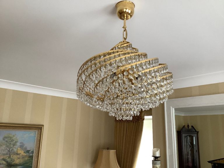 Gold Metal Chandelier with Clear Crystal Droplets – Good Condition