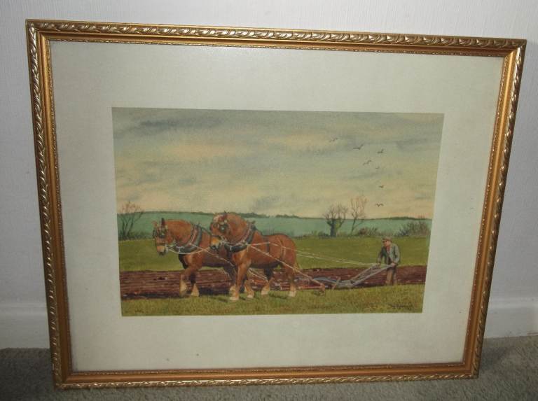  Original Painting Picture of Lovely Suffolk Punch Horses Ploughing by A Barnard 1979