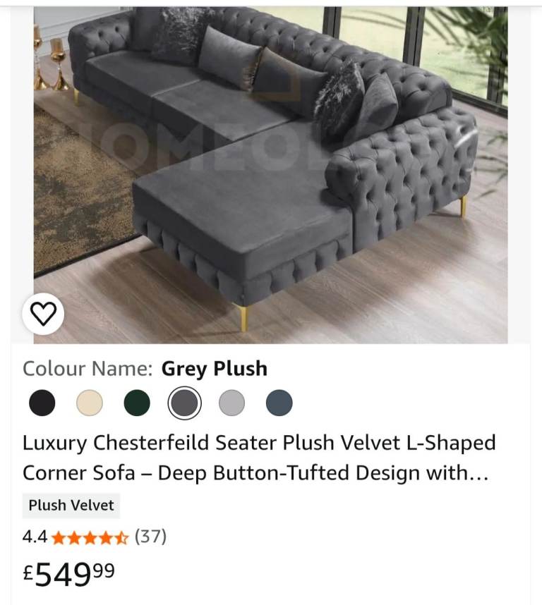 Grey Plush Chesterfield L-Shaped Corner Sofa – New