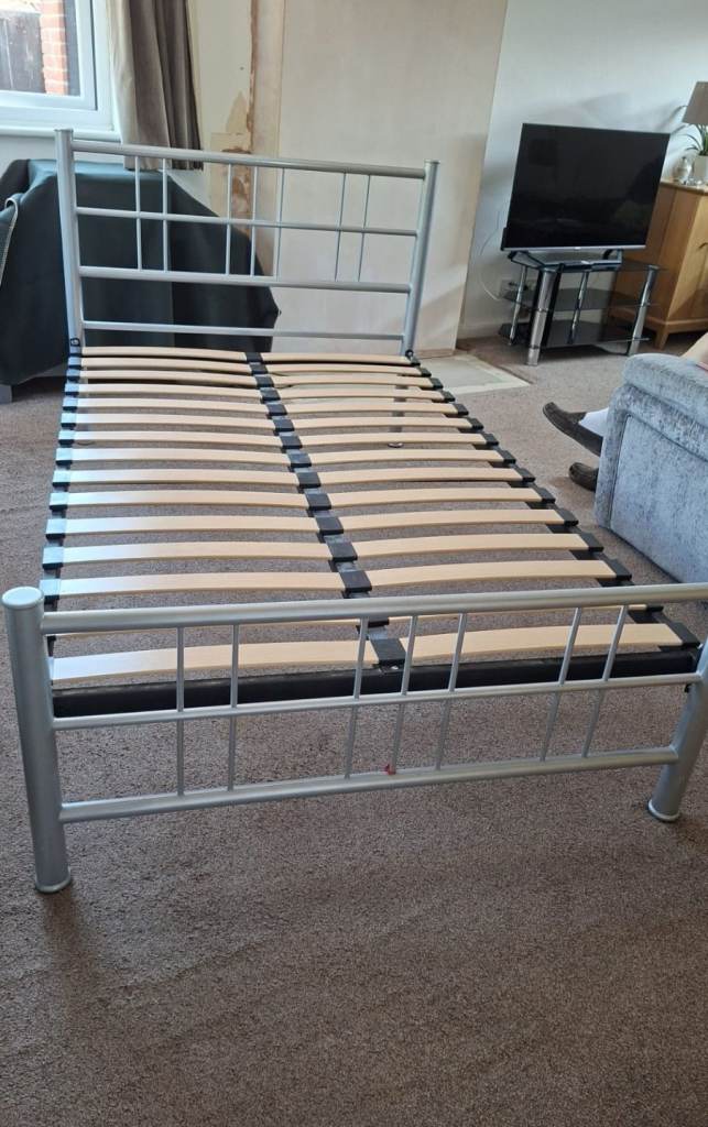 Silver Metal Bed and mattress with Slats – Good Condition