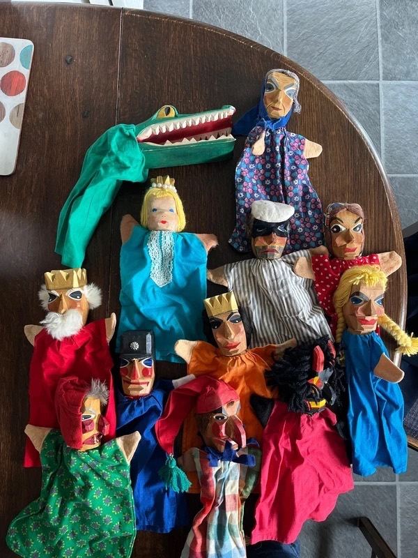 12 hand-carved wooden German vintage Punch and Judy hand puppets