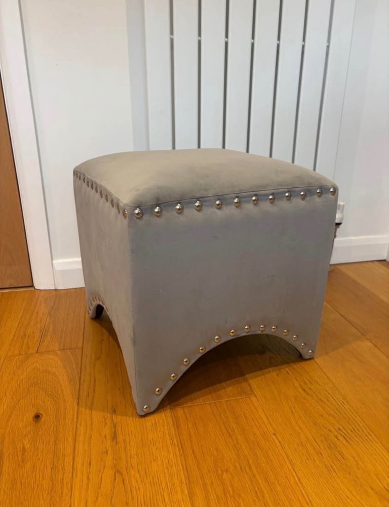 Grey Velvet Studded Footstool / Pouffe – Good Condition
