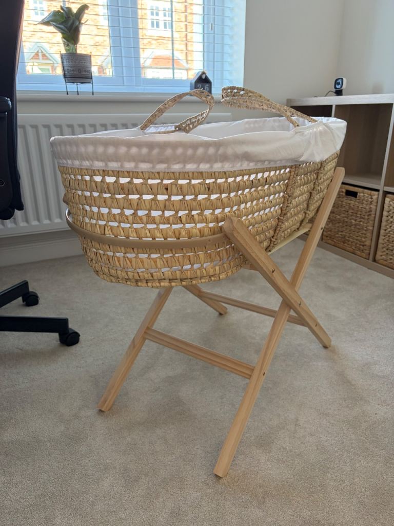 Moses Basket with Wooden Stand – Never Used