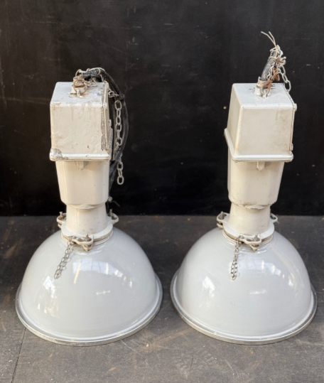 A spectacular pair of Industrial Thorlux Enamel Pendant Factory lights.