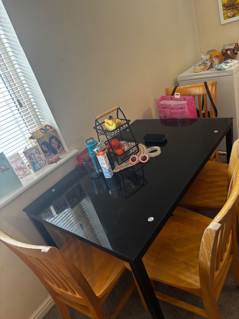 Black Glass Dining Table with 4 Wooden Chairs