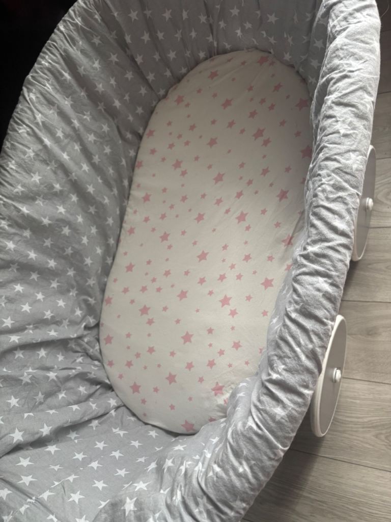 Moses Basket with Stand – Grey Wicker, Good Condition