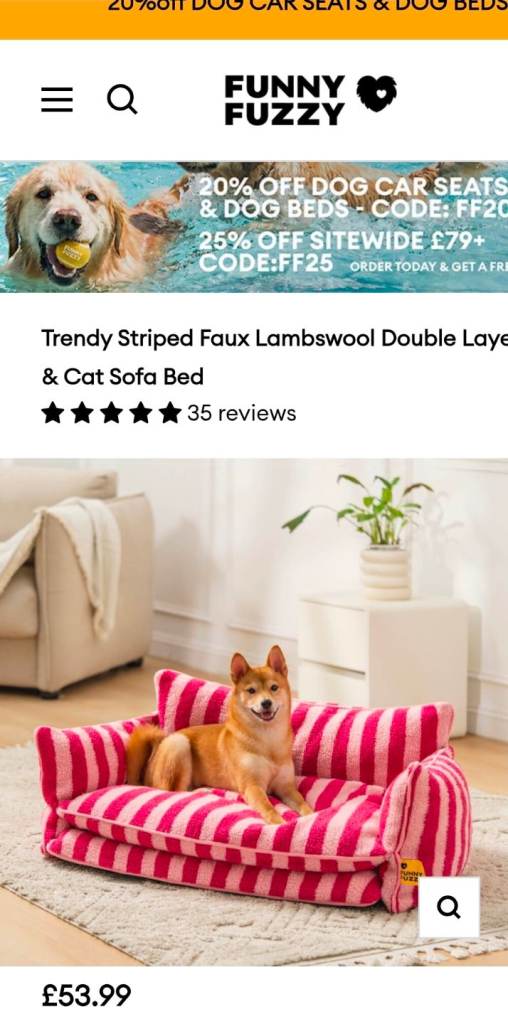 Funny fuzzy faux lambswool dog cat animal bed sofa bed pink striped size Medium