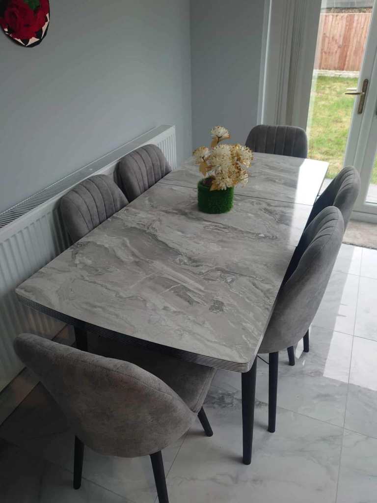 Modern Grey Marble-Effect Dining Table with 6 Chairs
