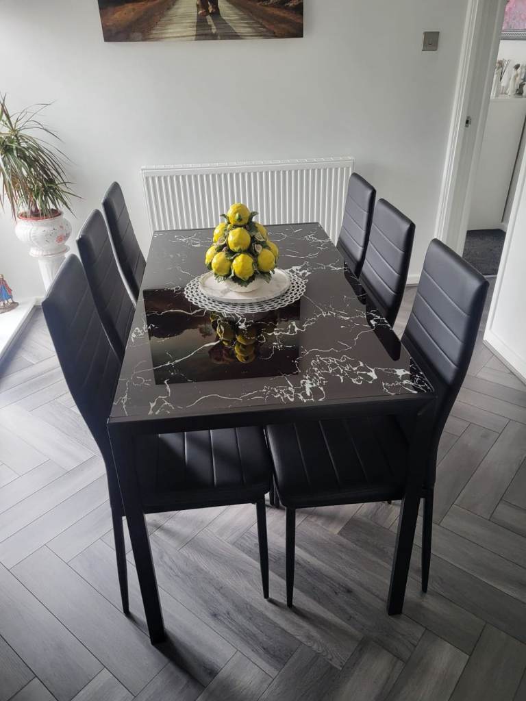 Modern Black Marble Effect Dining Table with 6 Chairs