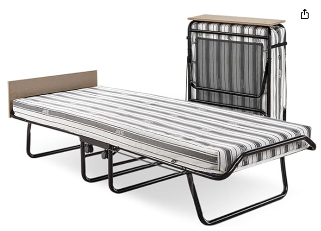 Folding Guest Bed with Mattress – Black Frame, Striped Mattress
