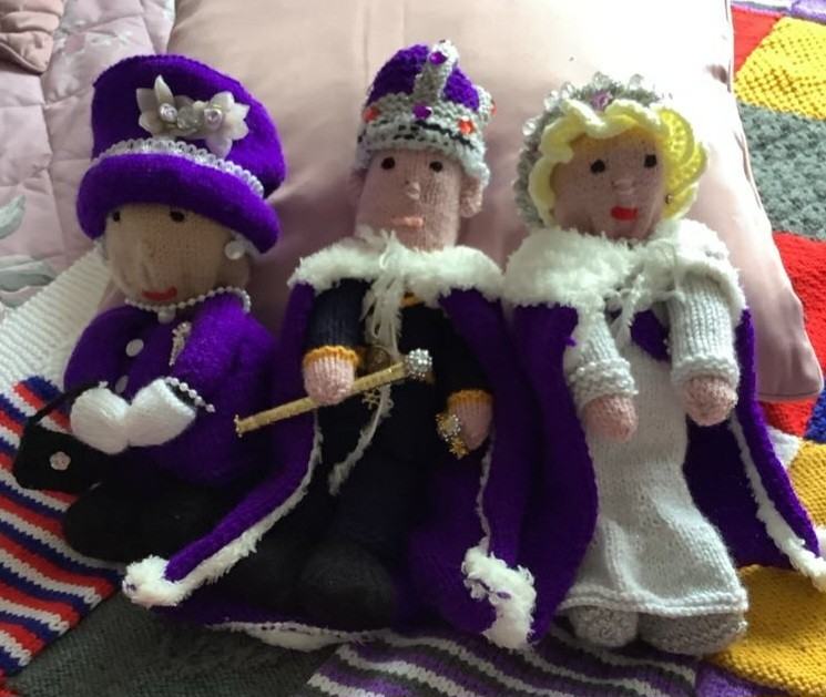 Hand knitted King Charles III, Queen Camilla, Queen Elizabeth II