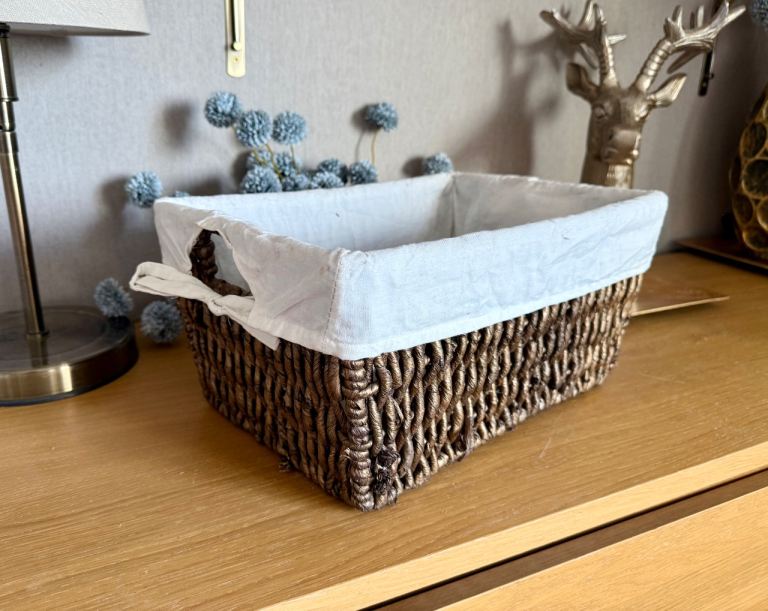 Strong metal frame lined basket 37x25x18cm, used , cotton liner can be washed, excellent storage