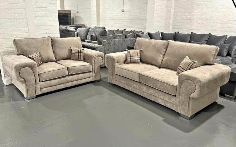 New Beige Fabric Sofa Set – Two-Seater & Three Seater Booking Now Cash on delivery 