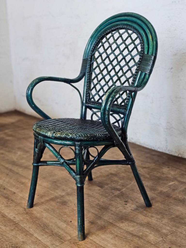 Unique Vintage Glossy Green Wicker/Rattan Accent Chair – One-Off Piece