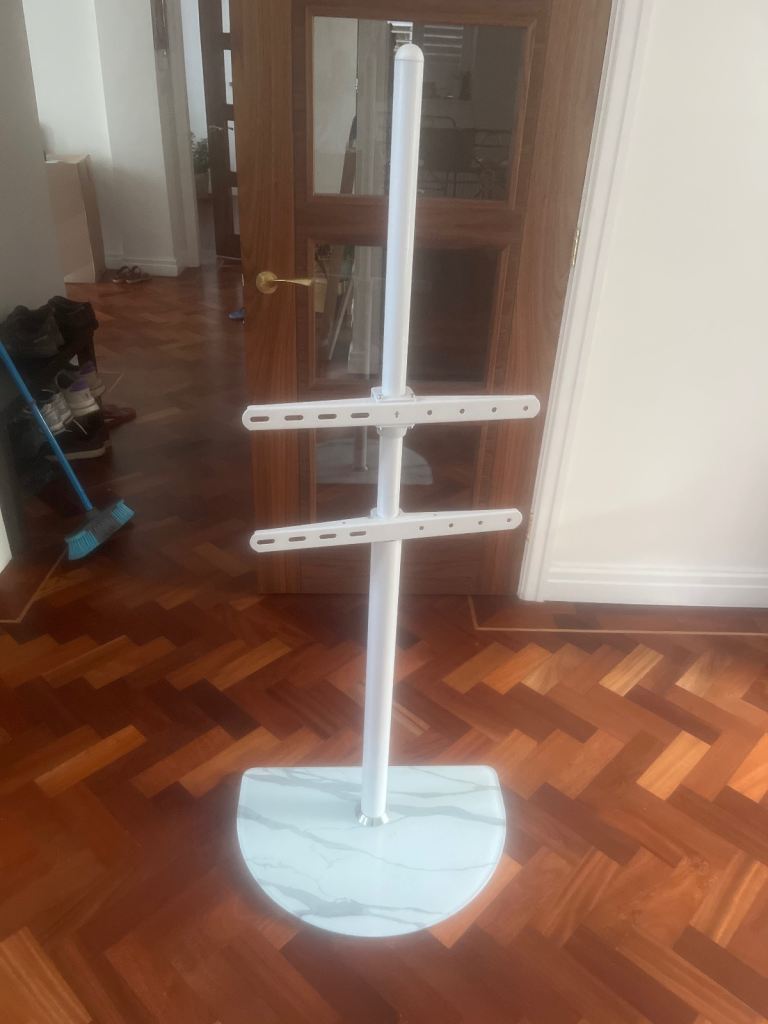 White TV Mount Stand with Glass Base – Good Condition