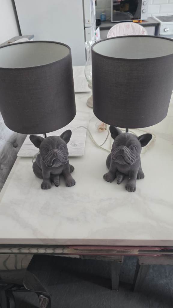 Pair of French Bulldog Table Lamps – Grey, Good Condition
