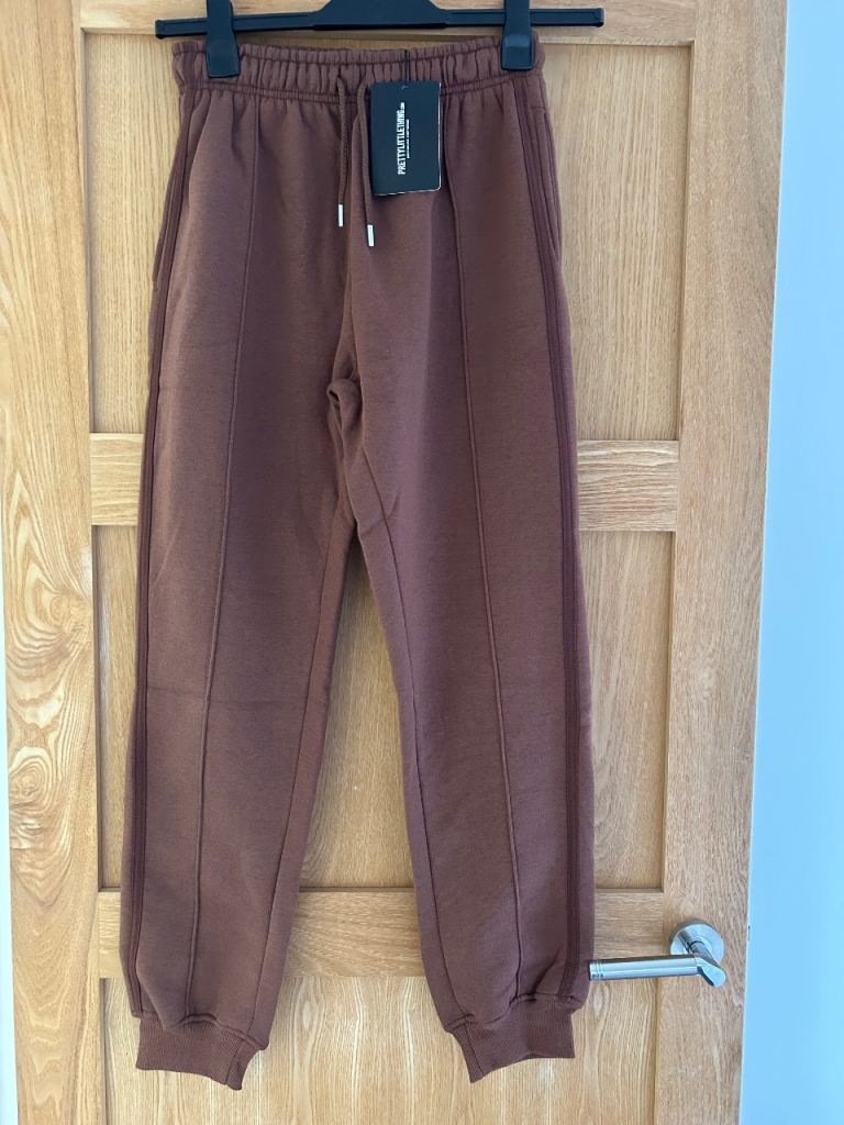 PrettyLittleThing Chocolate Double Side Stripe Joggers - UK 6, NEW
