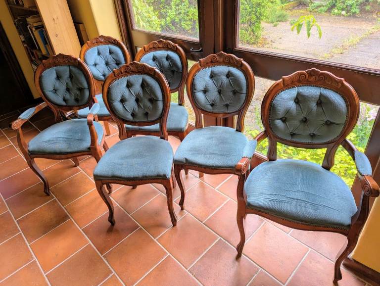 Set of 6 Antique Style Dining Chairs – Blue Upholstery
