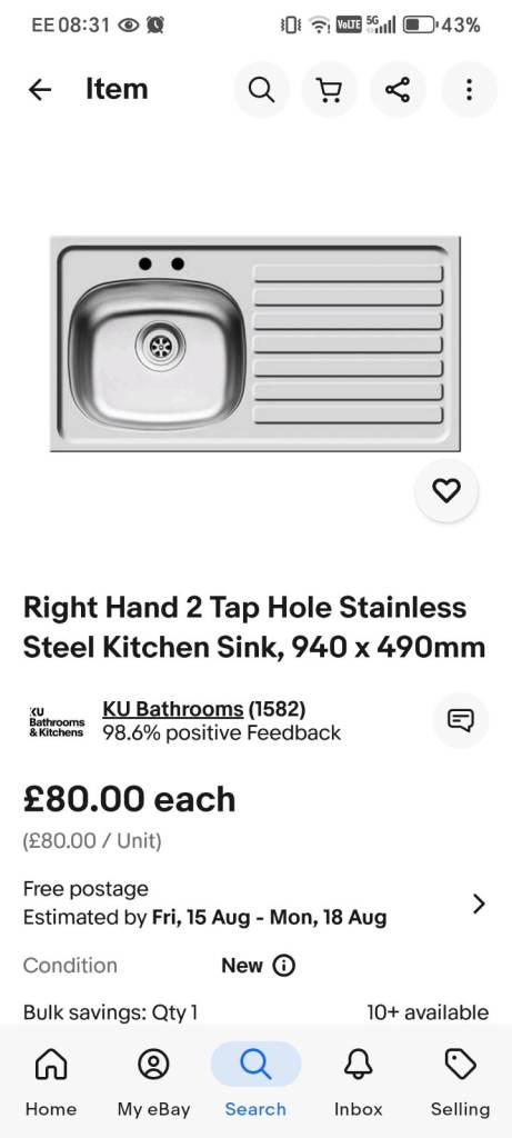 Right Hand 2 Tap Hole Stainless Steel Kitchen Sink, 940 x 490mm