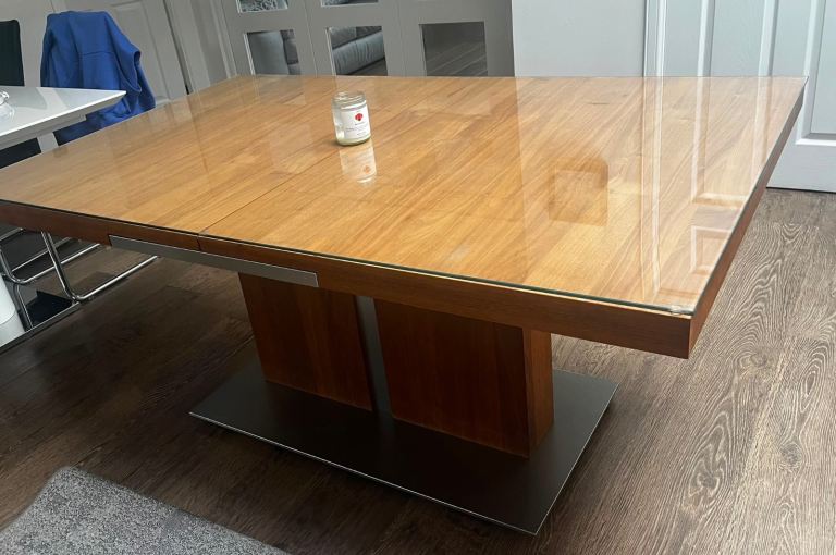 Extending Wooden Dining Table with Metal Base – Good Condition