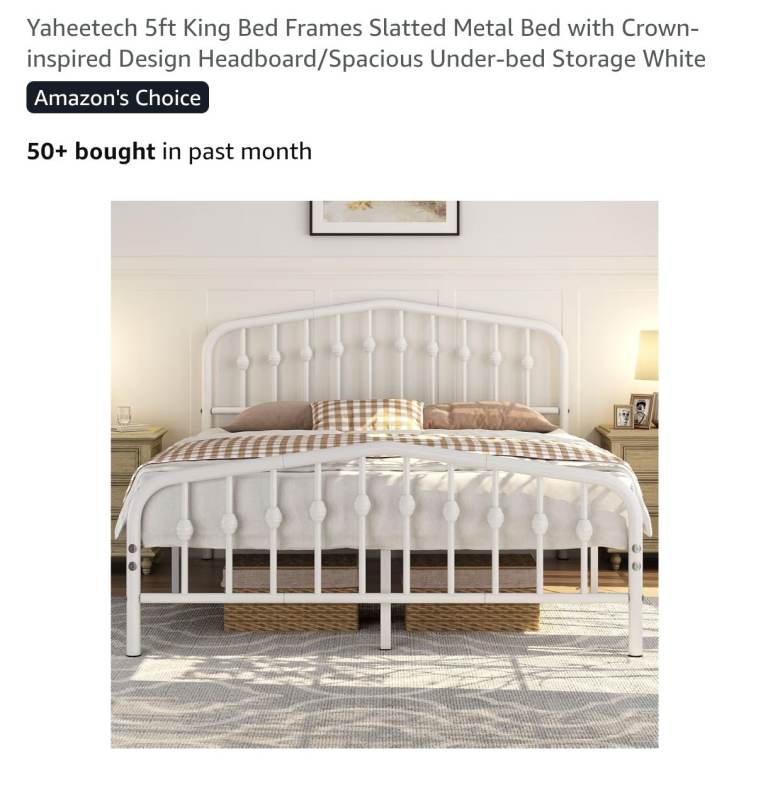 image for King Bed Frames Slatted Metal Bed ,white