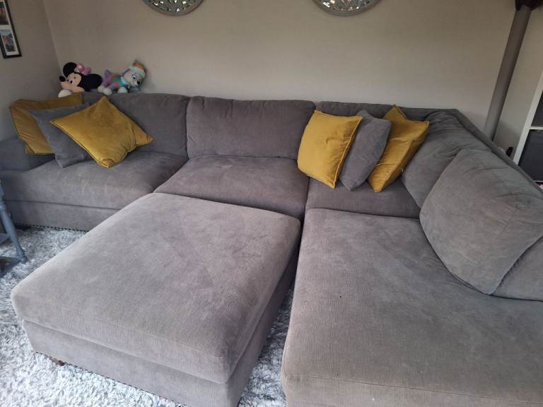 Good Condition Grey Fabric Corner Sofa with Footstool