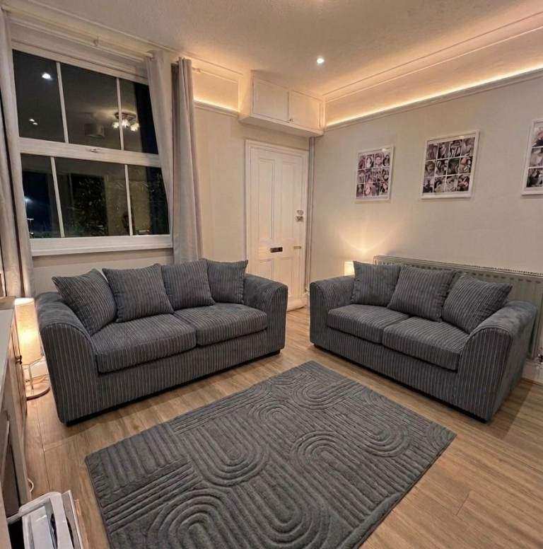 Three & Two Seater Grey Corduroy Sofas - New