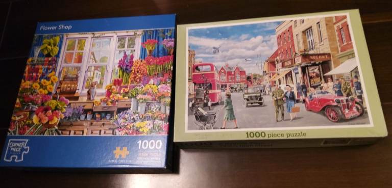 image for 2 1000 piece jigsaws  Corner Piece Flower shop£3, 1940s High Street, bygone time