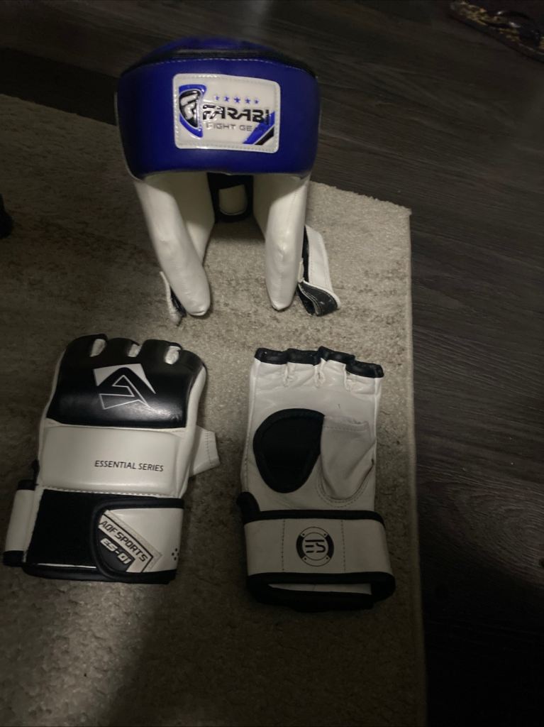 MMA Sparring Gear Set: Blue Headgear and White Gloves
