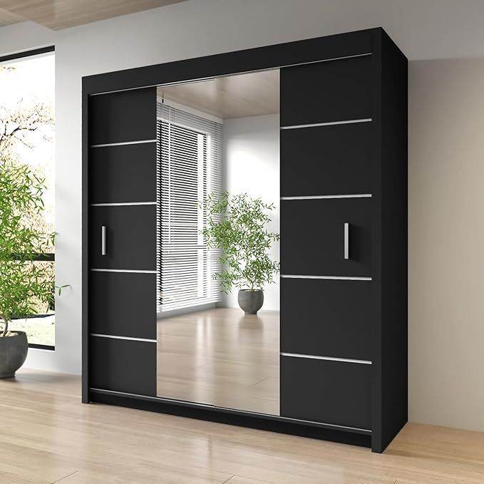 Modern Black Sliding Wardrobe with Mirror – Brand New