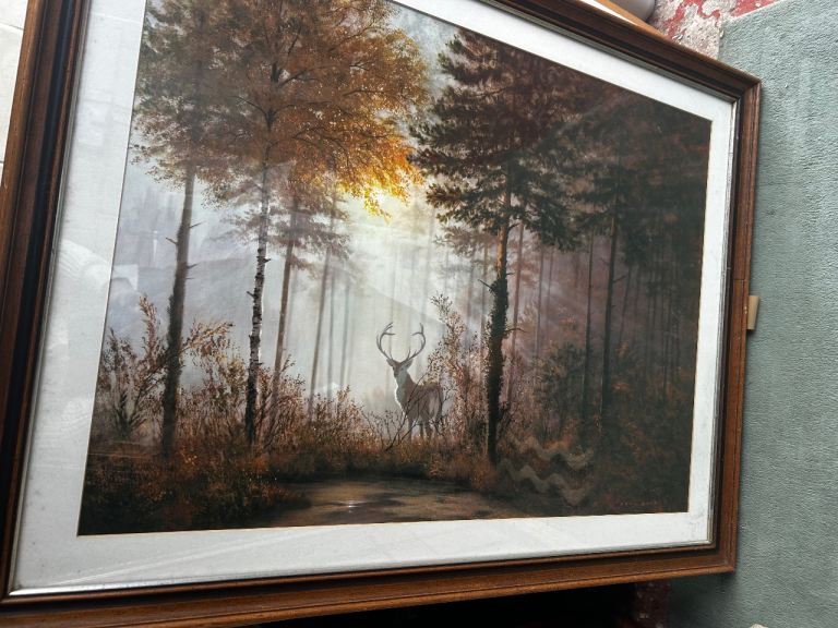 Large Framed Deer Forest Painting – Good Condition