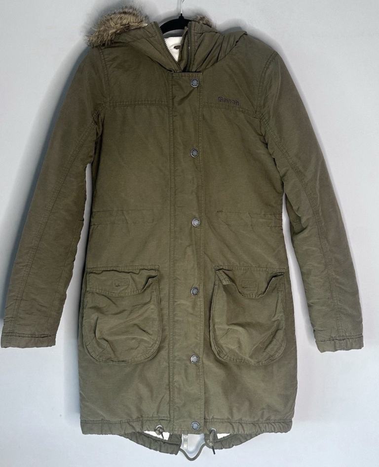 Bench Womens Parka Coat XS Khaki Olive Fleece Lined Faux Fur Hood Winter Y2K