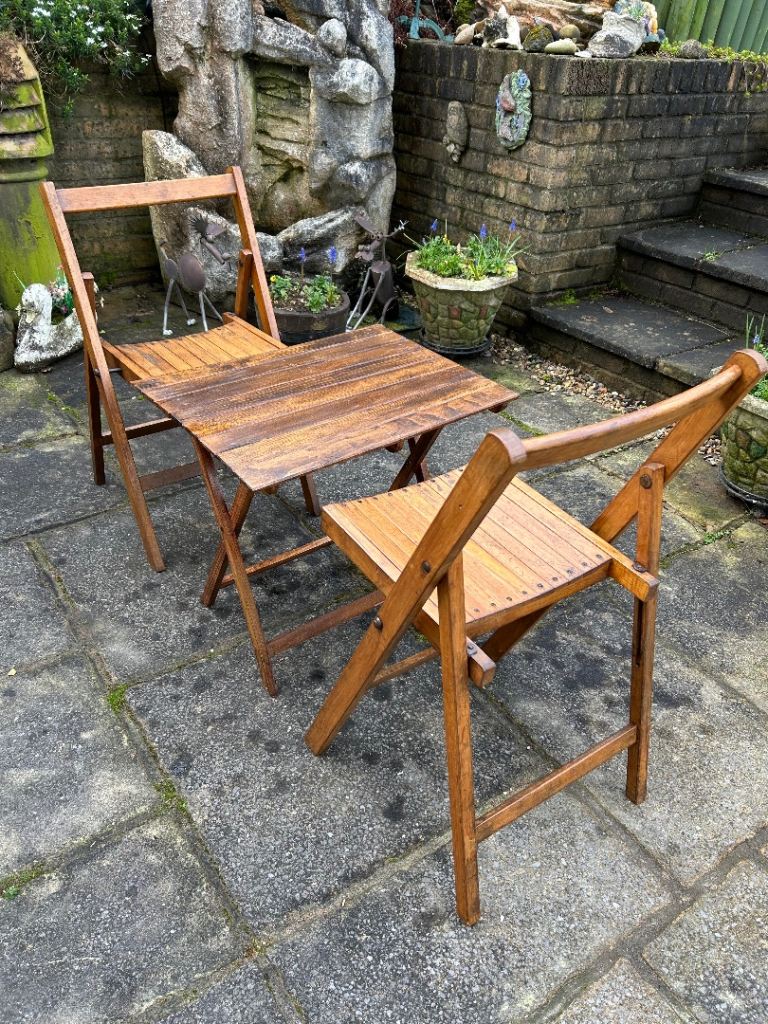 Dark Wooden Folding Patio Table and 2 Chairs  Table H 21in/53.5in W23.5in/60cm D18in/46cm  J167