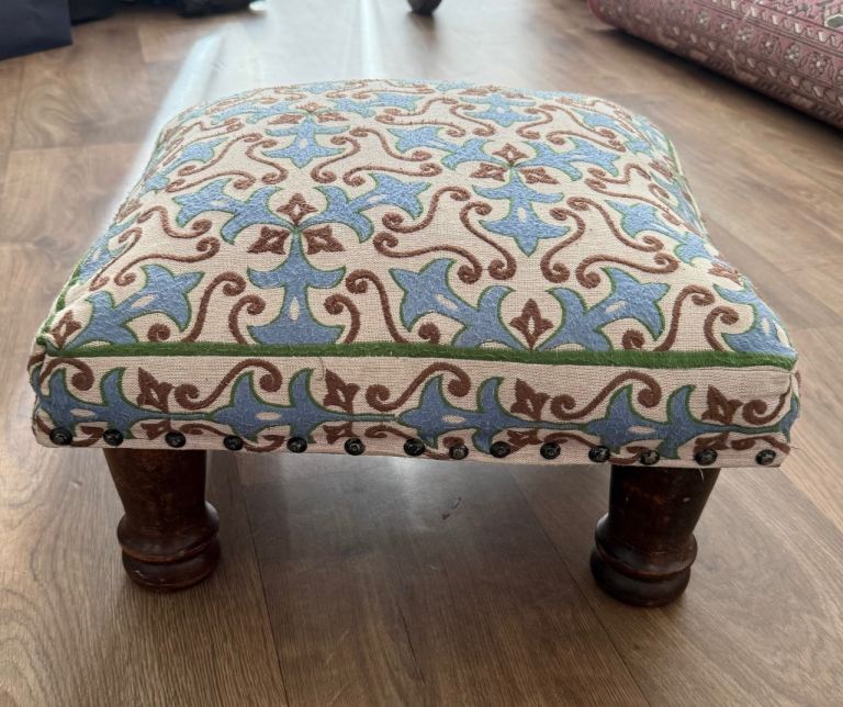 Small Patterned Footstool - Fabric Top & Wooden Legs, Multicoloured
