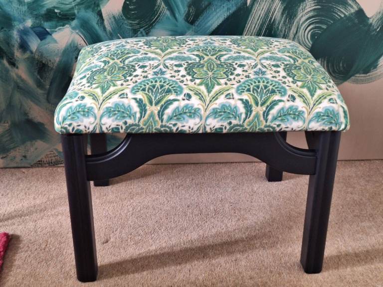 Vintage Small stool / footstool with Green Patterned Upholstery