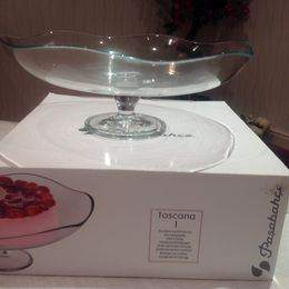Brand new elegant glass desert bowl on stand, never been used, still in its box