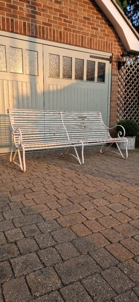 Vintage Wrought Iron Garden Bench – Weathered White