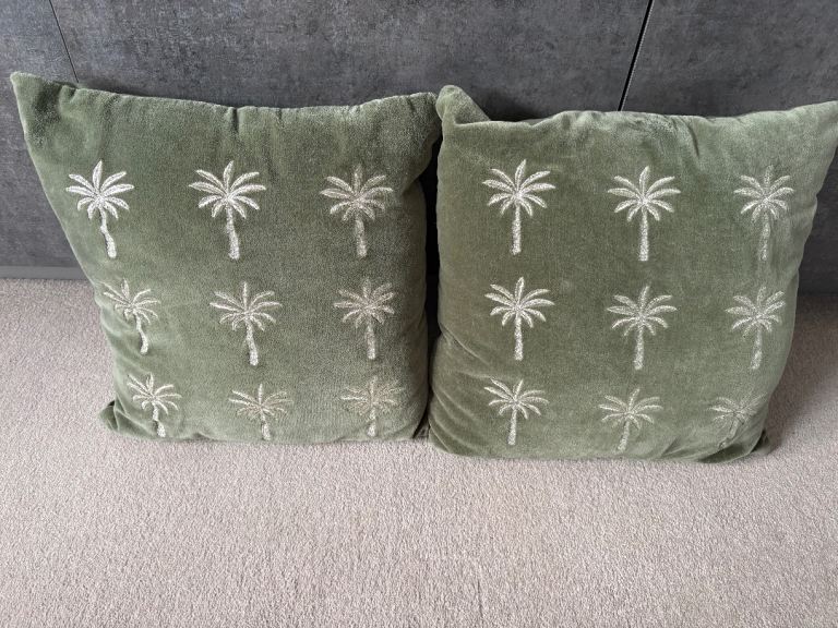 Pair of Green Velvet Cushions with Palm Tree Design